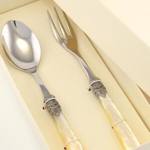 Napoleon Serving Cutlery Set of Two Pieces, Acrylic Handle with Ring, Length 236 mm, Composition of Serving Spoon and Serving Fork, Packaged in a Serigraphed Bomboniere Box, Name: bomboniere eme