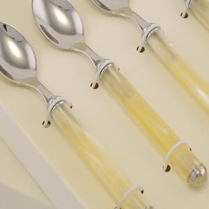Six-piece Moka Pearl coffee spoons set with acrylic handle and ring, 140 mm length, packaged in a serigraphed bomboniera box named: bomboniere eme