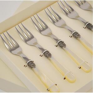 Pack of 6 NAPOLEON Dessert Forks with Acrylic Handle and Ring, Length 151 mm, Packaged in a Serigraphed Bomboniera Box