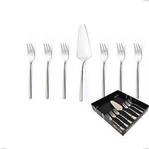 Set of 7 Dessert Cutlery, Small Forks and Dessert Spatula Celtika Sandblasted in Display Case, Stainless Steel 18.10 (AISI304), Thickness 5.00
