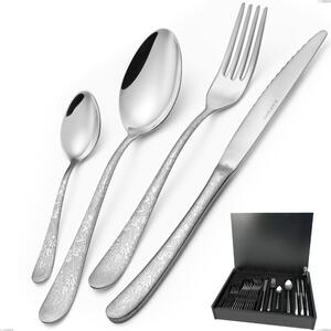 Charme Pechino 24 Piece Cutlery Set in Wooden Case, Polished 18/10 Stainless Steel with Laser Engraving, 2.5 mm Thickness