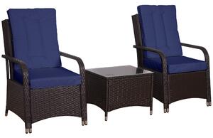 Outsunny 3 Pieces Outdoor Rattan Bistro Set, Patio Wicker Balcony Furniture with Steel Frame, Conservatory Set w/ 2 Cushioned Chair, Coffee Table & Cover, Dark Blue