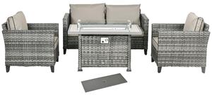 Outsunny Rattan Patio Furniture Set, 5-Piece with Gas Fire Pit Table, Loveseat Sofa, Armchairs, Cushions & Pillows, Grey