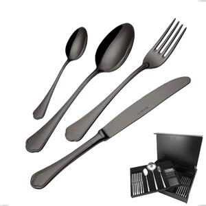 75-Piece Domus Black Cutlery Set in Wooden Case, 18/10 Stainless Steel, 3 mm Thickness