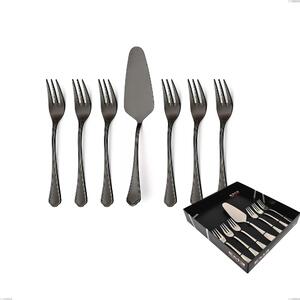 Domus Black Dessert Cutlery Set, 7 Pieces with Small Forks and Cake Server, Display Box, 18/10 Stainless Steel, 3 mm Thickness