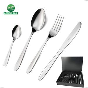 24-Piece Eco Cutlery Set in Wooden Box for Canteen, Eco Namesake Knife, AISI 430 Stainless Steel Nickel-Free Polished Cutlery, 1.5 mm Thickness