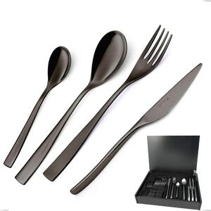 EtoIle PVD Black cutlery set 24 pieces in wooden case, Polished 18/10 stainless steel, 4 mm thickness, PVD black
