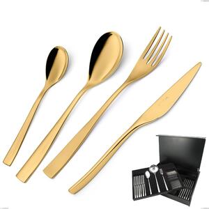 75-Piece Etoile PVD Gold Cutlery Set in Wooden Case, Polished 18/10 Stainless Steel, 4 mm Thickness, Gold PVD