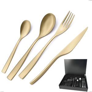 Etoile PVD Sandblasted Champagne 24 Pieces Cutlery Set in Wooden Case, Sandblasted 18/10 Stainless Steel, 4 mm Thickness, Champagne PVD