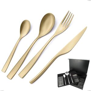 75-Piece Cutlery Set in Wooden Case Etoile PVD Sandblasted Champagne, Sandblasted 18/10 Stainless Steel, 4 mm Thickness, PVD Champagne