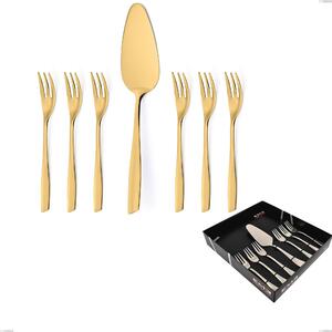 Set of 7 Dessert Cutlery, Small Forks Plus Dessert Spatula Eleven PVD Gold in Showcase Packaging, Polished 18/10 Stainless Steel, 2.5 mm Thickness, PVD Gold
