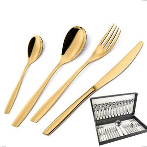 Eleven PVD Gold Cutlery Set 49 Pieces in Canteen Box, Polished 18/10 Stainless Steel, 2.5 mm Thickness, Gold PVD