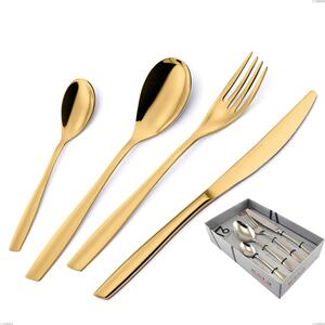 Sixteen Piece Cutlery Set Eleven PVD Gold in Showcase Packaging, Polished 18/10 Stainless Steel, 2.5 mm Thickness, Gold PVD