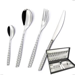 49-Piece Cutlery Set Eleven Exa in Canteen Box, Stainless Steel AISI 304 Polished Steel with Laser Design, 2.5mm Thickness