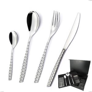75-Piece Eleven Exa Cutlery Set in Wooden Canteen Box, AISI 304 Stainless Steel Polished with Laser Design, 2.5mm Thickness