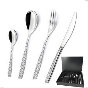 24-Piece Cutlery Set Eleven Exa in Wooden Canteen Box, AISI 304 Polished Stainless Steel with Laser Design, 2.5mm Thickness