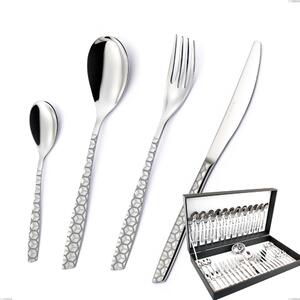 51-Piece Eleven Exa Cutlery Set in Canteen Box, AISI 304 Stainless Steel Polished with Laser Design, 2.5mm Thickness