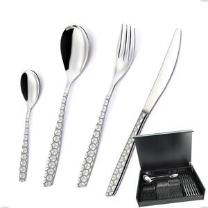 51-Piece Cutlery Set Eleven Exa in Wooden Canteen Box, Stainless Steel AISI 304 Polished Steel with Laser Design, 2.5mm Thickness