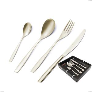 24 Piece Eleven PVD Champagne Cutlery Set in Showcase Packaging, Sandblasted 18/10 Stainless Steel, 2.5 mm Thickness, PVD Champagne