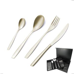 75-Piece Cutlery Set in Wooden Case Eleven PVD Champagne, 18/10 Sandblasted Stainless Steel, 2.5 mm Thickness, PVD Champagne