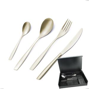 51-Piece Cutlery Set in Wooden Case Eleven PVD Champagne, Sandblasted 18/10 Stainless Steel, 2.5 mm Thickness, PVD Champagne