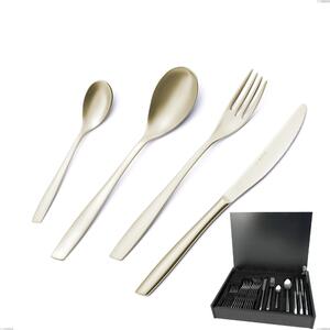 24-Piece Cutlery Set in Wooden Case Eleven PVD Champagne, 18/10 Sandblasted Stainless Steel, 2.5 mm Thickness, PVD Champagne