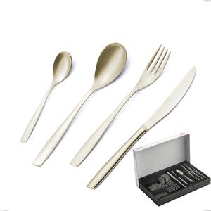 30-Piece Eleven PVD Champagne Cutlery Set in Panoramic Packaging, Sandblasted 18/10 Stainless Steel, 2.5 mm Thickness, PVD Champagne