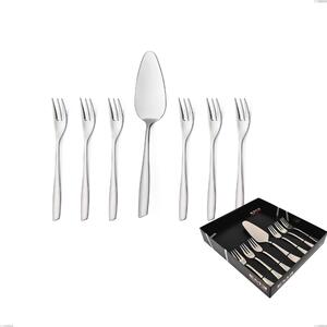 Set of 7 Dessert Cutlery, Small Forks and Cake Server Eleven Sandblasted in Display Box, Brushed Stainless Steel 18-10 Eleven Sandblasted
