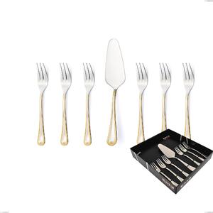Firenze Oro 7 Piece Dessert Cutlery Set, Small Forks and Cake Server in Display Box, 18-10 Stainless Steel, 24 Carat Gold, 2.5 mm Thickness