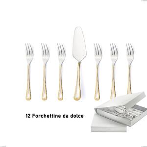 Set of 13 Dessert Cutlery, Small Forks and Cake Server Firenze oro in Book-style Case, 18-10 Stainless Steel, 24 Carat Gold, 2.5 mm Thickness Firenze oro