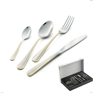 30-Piece Galles Oro Cutlery Set in Panoramic Packaging, Economical Knife, 18-10 Stainless Steel, 24 Carat Polished Gold, 2mm Thickness