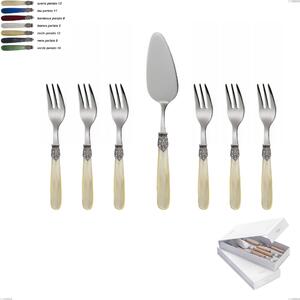 Georgian 7-piece dessert cutlery set, small forks and cake server in book-style box, Polished 18/10 AISI 304 stainless steel with pearlescent acrylic handle