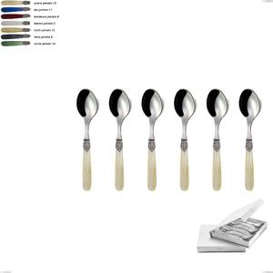 Set of 6 Georgian Coffee Spoons in Book-style Box, Polished AISI 304 18/10 Stainless Steel with Pearly Acrylic Handle