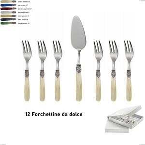 Georgian 13-piece dessert cutlery set, small forks and cake server in book-style box, 18/10 AISI 304 polished stainless steel with pearl acrylic handle