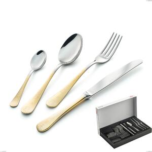 Hermitage Gold 30-Piece Cutlery Set in Panoramic Packaging, 18-10 Stainless Steel, 24 Carat Polished Gold, 2.5 mm Thickness