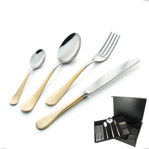 Hermitage Gold 75 Piece Cutlery Set in Wooden Case, Stainless Steel 18-10, 24 Carat Polished Gold, 2.5 mm Thickness