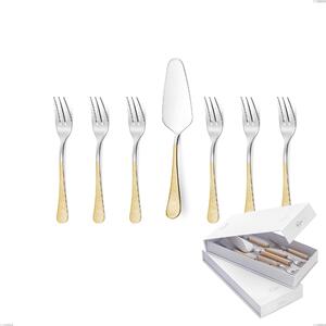 Hermitage Gold Dessert Cutlery Set Including Small Forks and Cake Server, Presented in a Book-style Box, 18-10 Steel, Polished 24 Carat Gold, 2.5 mm Thickness