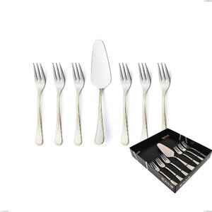Impero Gold Dessert Cutlery Set 7 Pieces, Small Forks and Cake Server in Display Box, 18-10 Stainless Steel, 24 Carat Polished Gold, 2.5 mm Thickness