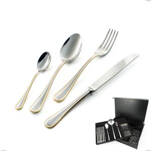 75-Piece 'Impero oro' Cutlery Set in Wooden Case, Economical Knife, 18-10 Stainless Steel, 24 Carat Polished Gold, 2.5 mm Thickness