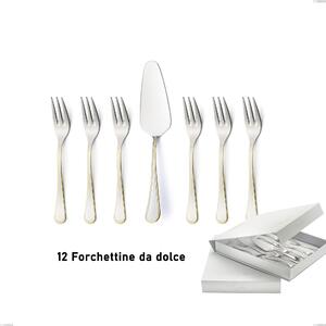 Set of 13 Dessert Cutlery, Small Forks and Dessert Spatula Impero oro in Book-style Box, 18-10 Stainless Steel, 24 Carat Polished Gold, 2.5 mm Thickness