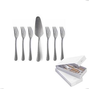 Impero Retro 7-piece dessert cutlery set, small forks and cake server, presented in a book-style box, vintage stainless steel (Aisi 304)