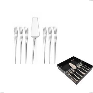 Joli 7-piece dessert cutlery set, including small forks and cake server, showcased in a display box, Stainless Steel 18.10 (AISI304), 4.00 mm thickness