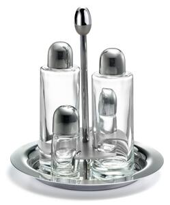 Round Base JOINT Polished Steel Oil Cruet with Glass Bottles and Drip-Saving Cap