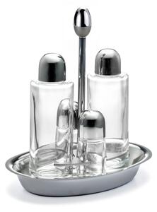 Oval Base JOINT Polished Steel Oil Cruet with Glass Bottles and Drip-Saving Cap