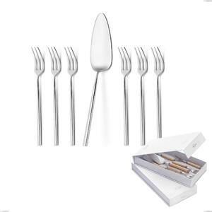 Kyoto Dessert Cutlery Set with 6 Small Forks and Cake Server, Presented in a Book-Style Case, Polished Stainless Steel (Aisi 304)