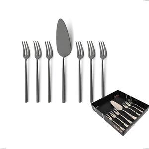 7-piece Dessert Cutlery Set, Small Forks and Dessert Spatula Kyoto Sandblasted Black in Display Box, Sandblasted Stainless Steel (Aisi 304)
