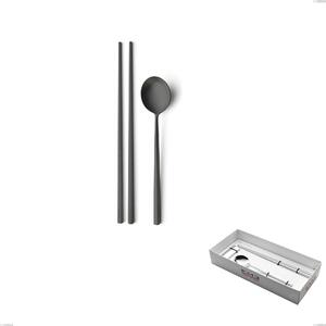 Sushi Cutlery Set for 1 Person in Kyoto Sandblasted Black Showcase Box, Sandblasted Stainless Steel (Aisi 304)