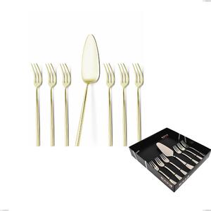 Set of 7 Dessert Cutlery, Small Forks and Cake Server Kyoto Tin Gold in Display Box, Stainless Steel (Aisi 304) with Polished Steel PVD Treatment
