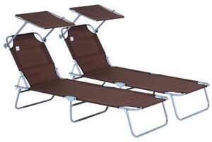 Outsunny Foldable Sun Lounger Set with Canopy, Adjustable Patio Recliner Chairs, Mesh Fabric, Brown, 2 Pcs