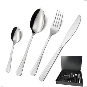 Loira 24 Piece Cutlery Set in Wooden Box, Mensa Cheap Knife, Polished Aisi 304 Stainless Steel, 2mm Thickness, Classic Design